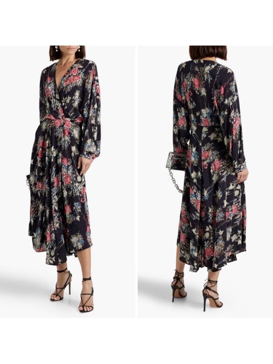 IRO Dresses & Skirts - IRO Black Floral Wrap Midi Dress with Pink and Blue Accents